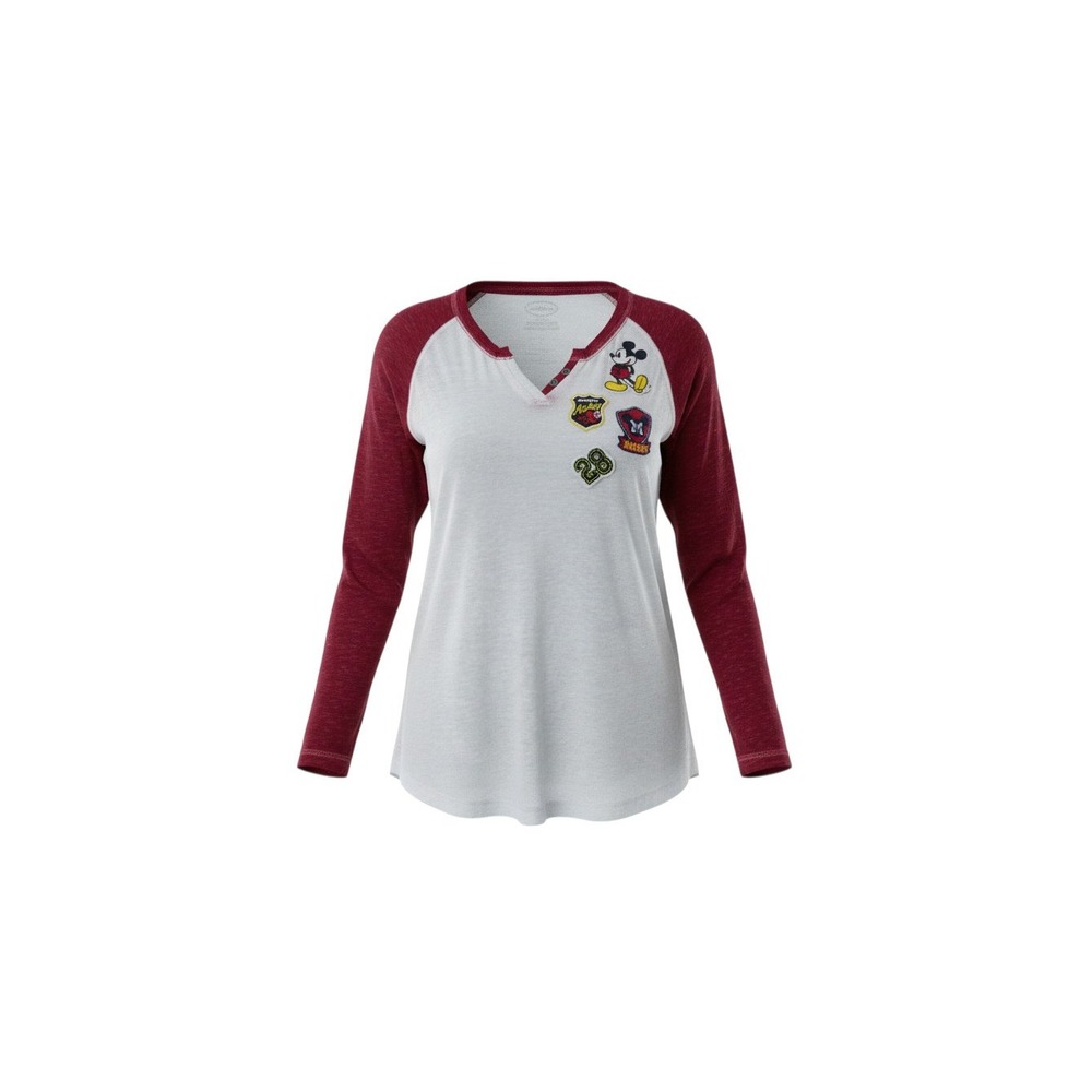 Disney Raglan Shirt Womens Medium White Mickey Mouse Patch Long Sleeve Henley